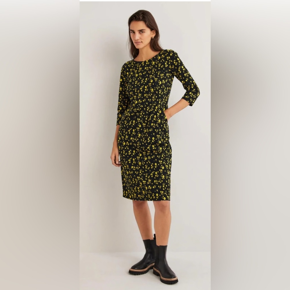 Boden Black Penny Dress with Yellow Floral Pattern with pockets